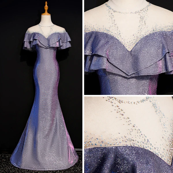 Bling Bling Violet Transparentes Robe De Soirée 2019 Trompette / Sirène Encolure Dégagée Sans Manches Faux Diamant Glitter Polyester Longue Volants Dos Nu Robe De Ceremonie