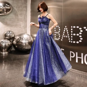 Starry Sky Royal Blue Evening Dresses 2019 A Line Princess Spaghetti Straps Sleeveless Glitter Tulle Floor Length Long Backless Ruffle Formal Dresses