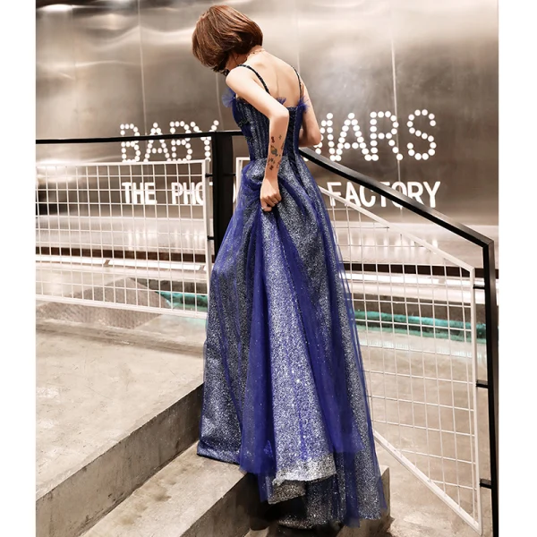 Ciel étoilé Bleu Roi Robe De Soirée 2019 Princesse Bretelles Spaghetti Sans Manches Glitter Tulle Longue Dos Nu Volants Robe De Ceremonie