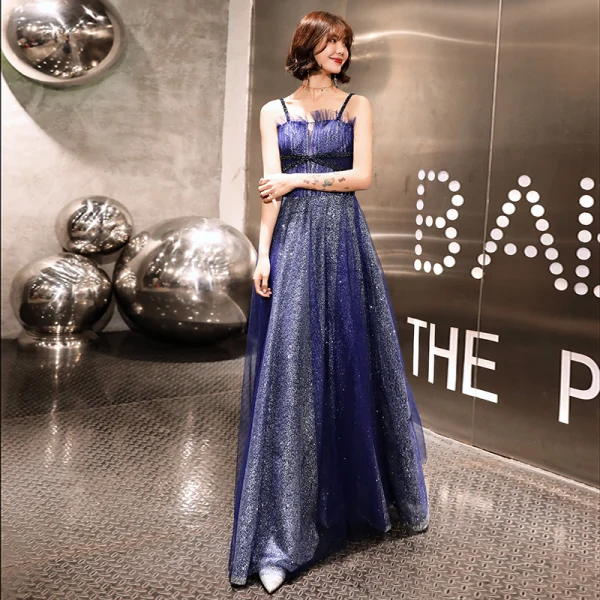 Ciel étoilé Bleu Roi Robe De Soirée 2019 Princesse Bretelles Spaghetti Sans Manches Glitter Tulle Longue Dos Nu Volants Robe De Ceremonie