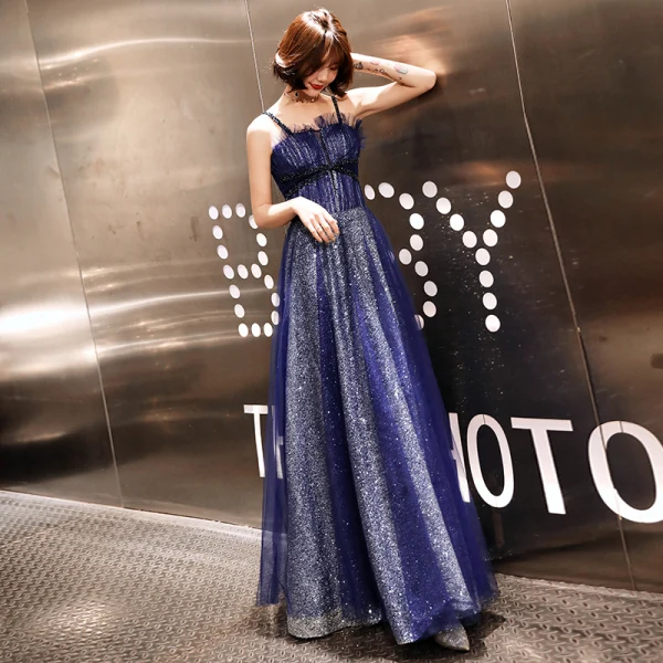 Ciel étoilé Bleu Roi Robe De Soirée 2019 Princesse Bretelles Spaghetti Sans Manches Glitter Tulle Longue Dos Nu Volants Robe De Ceremonie