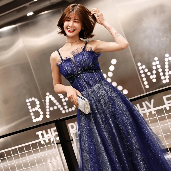Ciel étoilé Bleu Roi Robe De Soirée 2019 Princesse Bretelles Spaghetti Sans Manches Glitter Tulle Longue Dos Nu Volants Robe De Ceremonie