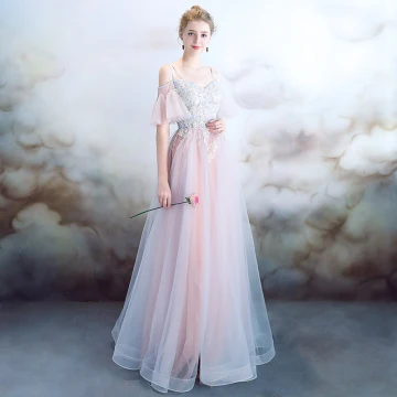 Elegant Sky Blue Pearl Pink Evening Dresses 2018 A Line Princess Spaghetti Straps Short Sleeve Appliques Lace Pearl Rhinestone Floor Length Long Ruffle Backless Formal Dresses