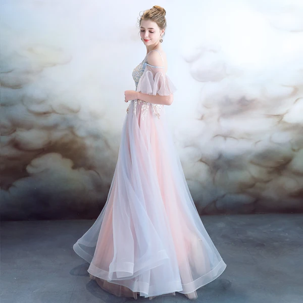 Elegant Sky Blue Pearl Pink Evening Dresses 2018 A-Line / Princess Spaghetti Straps Short Sleeve Appliques Lace Pearl Rhinestone Floor-Length / Long Ruffle Backless Formal Dresses