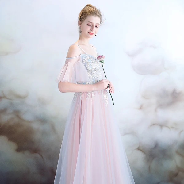 Elegant Sky Blue Pearl Pink Evening Dresses 2018 A-Line / Princess Spaghetti Straps Short Sleeve Appliques Lace Pearl Rhinestone Floor-Length / Long Ruffle Backless Formal Dresses