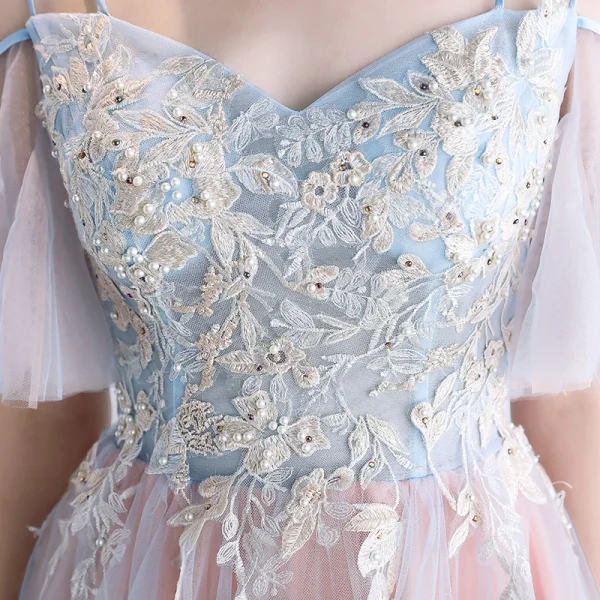 Elegant Sky Blue Pearl Pink Evening Dresses 2018 A-Line / Princess Spaghetti Straps Short Sleeve Appliques Lace Pearl Rhinestone Floor-Length / Long Ruffle Backless Formal Dresses