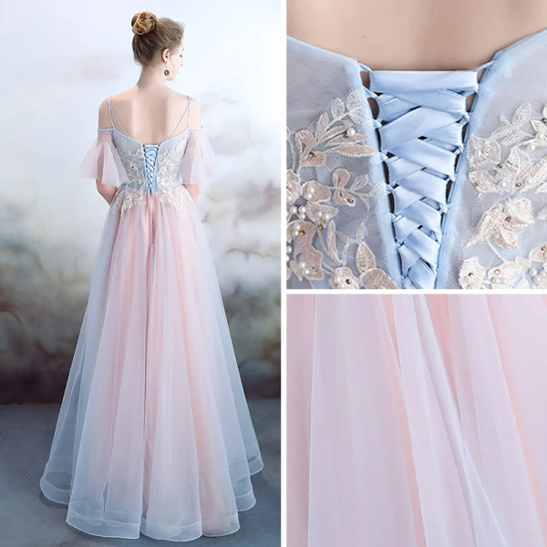 Elegant Sky Blue Pearl Pink Evening Dresses 2018 A-Line / Princess Spaghetti Straps Short Sleeve Appliques Lace Pearl Rhinestone Floor-Length / Long Ruffle Backless Formal Dresses