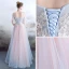 Elegant Sky Blue Pearl Pink Evening Dresses  2018 A-Line / Princess Spaghetti Straps Short Sleeve Appliques Lace Pearl Rhinestone Floor-Length / Long Ruffle Backless Formal Dresses