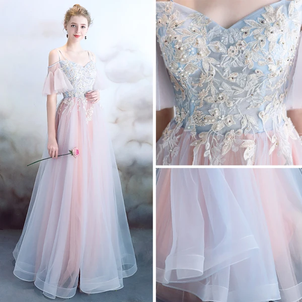 Elegant Sky Blue Pearl Pink Evening Dresses 2018 A-Line / Princess Spaghetti Straps Short Sleeve Appliques Lace Pearl Rhinestone Floor-Length / Long Ruffle Backless Formal Dresses
