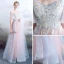 Elegant Sky Blue Pearl Pink Evening Dresses  2018 A-Line / Princess Spaghetti Straps Short Sleeve Appliques Lace Pearl Rhinestone Floor-Length / Long Ruffle Backless Formal Dresses