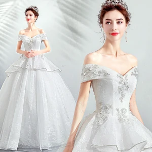 Rabatt Ivory Creme Brautkleider Hochzeitskleider 2019 A Linie Off Shoulder Kurze Ärmel Rückenfreies Applikationen Spitze Perlenstickerei Lange Rüschen