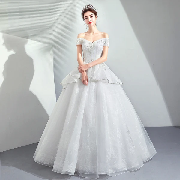 Discount Ivory Wedding Dresses 2019 A-Line / Princess Off-The-Shoulder Short Sleeve Backless Appliques Lace Beading Floor-Length / Long Ruffle