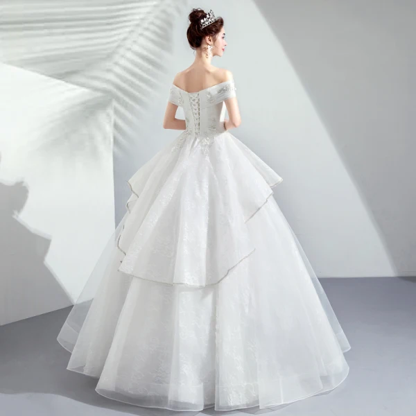 Discount Ivory Wedding Dresses 2019 A-Line / Princess Off-The-Shoulder Short Sleeve Backless Appliques Lace Beading Floor-Length / Long Ruffle