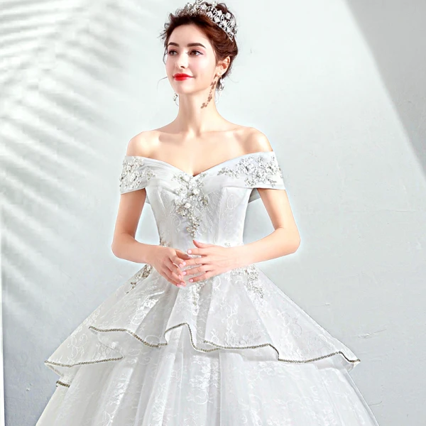 Discount Ivory Wedding Dresses 2019 A-Line / Princess Off-The-Shoulder Short Sleeve Backless Appliques Lace Beading Floor-Length / Long Ruffle