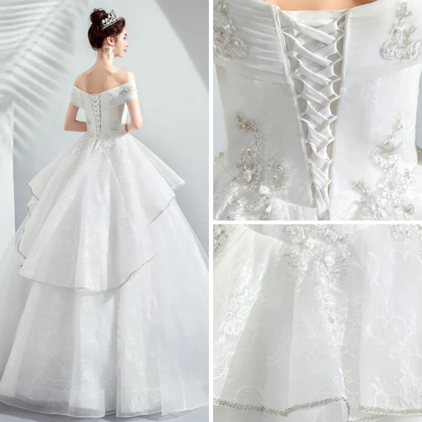 Discount Ivory Wedding Dresses 2019 A-Line / Princess Off-The-Shoulder Short Sleeve Backless Appliques Lace Beading Floor-Length / Long Ruffle