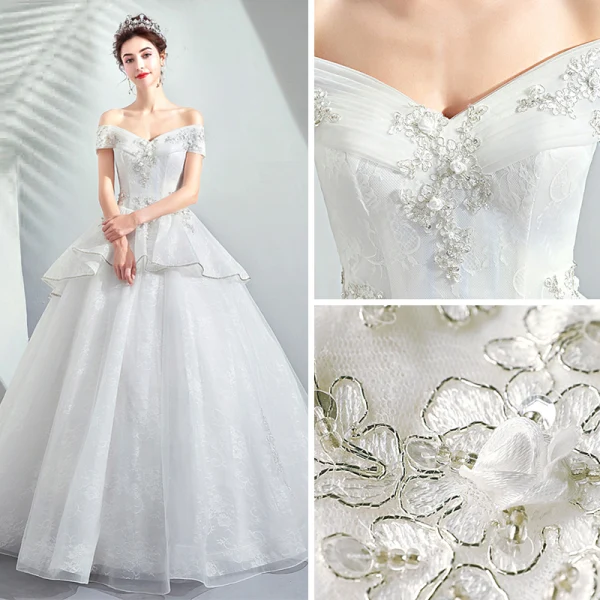 Discount Ivory Wedding Dresses 2019 A-Line / Princess Off-The-Shoulder Short Sleeve Backless Appliques Lace Beading Floor-Length / Long Ruffle