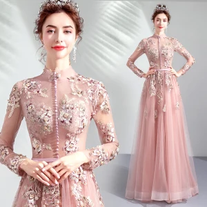 Vintage Pärla Rosa Genomskinliga Aftonklänningar 2019 Prinsessa Hög Hals Långärmad Appliqués Spets Pärla Skärp Långa Ruffle Halterneck