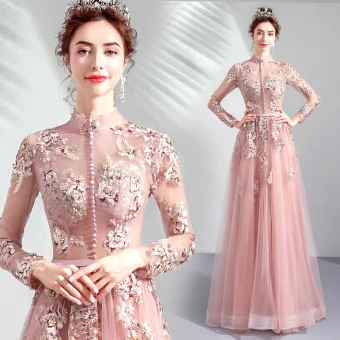 Vintage Retro Pearl Pink See Through Evening Dresses 2019 A Line Princess High Neck Long Sleeve Appliques Lace Pearl Sash Floor Length Long Ruffle Backless