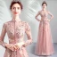 Vintage / Retro Pearl Pink See-through Evening Dresses  2019 A-Line / Princess High Neck Long Sleeve Appliques Lace Pearl Sash Floor-Length / Long Ruffle Backless