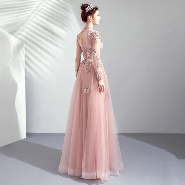 Vintage / Retro Pearl Pink See-through Evening Dresses 2019 A-Line / Princess High Neck Long Sleeve Appliques Lace Pearl Sash Floor-Length / Long Ruffle Backless