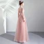 Vintage / Retro Pearl Pink See-through Evening Dresses  2019 A-Line / Princess High Neck Long Sleeve Appliques Lace Pearl Sash Floor-Length / Long Ruffle Backless