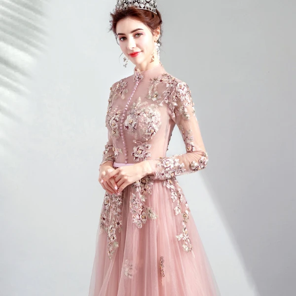 Vintage / Retro Pearl Pink See-through Evening Dresses 2019 A-Line / Princess High Neck Long Sleeve Appliques Lace Pearl Sash Floor-Length / Long Ruffle Backless