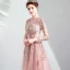 Vintage / Retro Pearl Pink See-through Evening Dresses  2019 A-Line / Princess High Neck Long Sleeve Appliques Lace Pearl Sash Floor-Length / Long Ruffle Backless