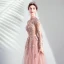 Vintage / Retro Pearl Pink See-through Evening Dresses  2019 A-Line / Princess High Neck Long Sleeve Appliques Lace Pearl Sash Floor-Length / Long Ruffle Backless
