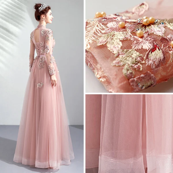 Vintage / Retro Pearl Pink See-through Evening Dresses 2019 A-Line / Princess High Neck Long Sleeve Appliques Lace Pearl Sash Floor-Length / Long Ruffle Backless