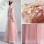 Vintage / Retro Pearl Pink See-through Evening Dresses  2019 A-Line / Princess High Neck Long Sleeve Appliques Lace Pearl Sash Floor-Length / Long Ruffle Backless
