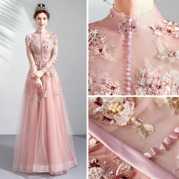 Vintage / Retro Pearl Pink See-through Evening Dresses 2019 A-Line / Princess High Neck Long Sleeve Appliques Lace Pearl Sash Floor-Length / Long Ruffle Backless