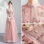 Vintage / Retro Pearl Pink See-through Evening Dresses  2019 A-Line / Princess High Neck Long Sleeve Appliques Lace Pearl Sash Floor-Length / Long Ruffle Backless