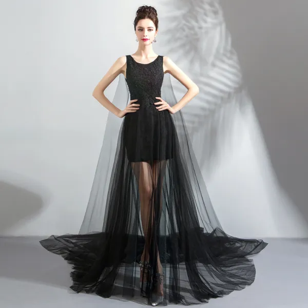 Modern / Fashion Black See-through Summer Evening Dresses  2019 A-Line / Princess Scoop Neck Sleeveless Appliques Lace Pearl Watteau Train Ruffle Formal Dresses