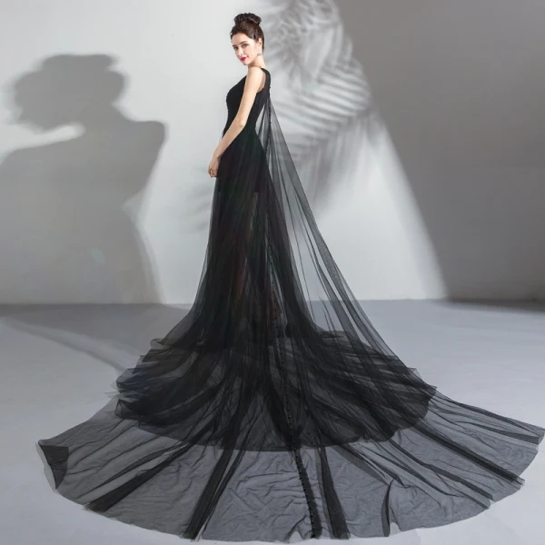 Moderne / Mode Noire Transparentes Été Robe De Soirée 2019 Princesse Encolure Dégagée Sans Manches Appliques En Dentelle Perle Watteau Train Volants Robe De Ceremonie