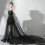 Moderne / Mode Noire Transparentes Été Robe De Soirée 2019 Princesse Encolure Dégagée Sans Manches Appliques En Dentelle Perle Watteau Train Volants Robe De Ceremonie