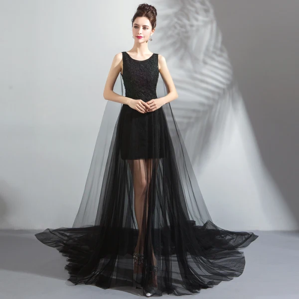 Moderne / Mode Noire Transparentes Été Robe De Soirée 2019 Princesse Encolure Dégagée Sans Manches Appliques En Dentelle Perle Watteau Train Volants Robe De Ceremonie