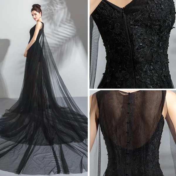 Moderne / Mode Noire Transparentes Été Robe De Soirée 2019 Princesse Encolure Dégagée Sans Manches Appliques En Dentelle Perle Watteau Train Volants Robe De Ceremonie