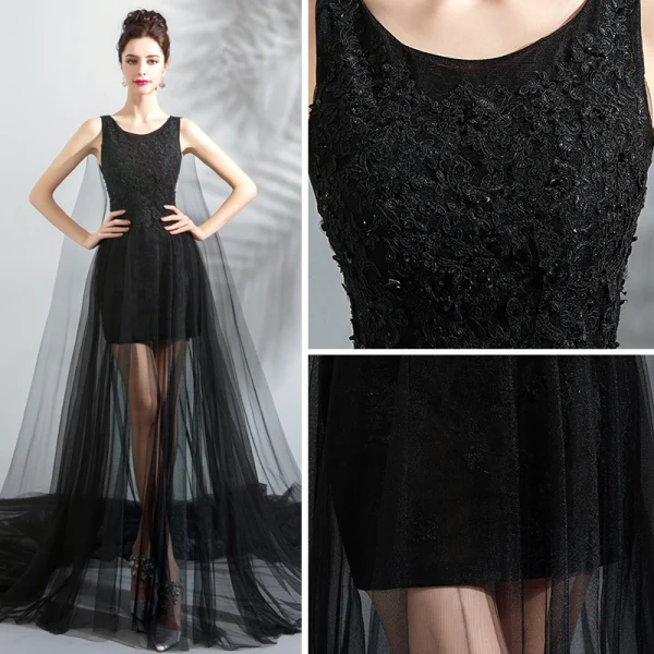 Moderne / Mode Noire Transparentes Été Robe De Soirée 2019 Princesse Encolure Dégagée Sans Manches Appliques En Dentelle Perle Watteau Train Volants Robe De Ceremonie