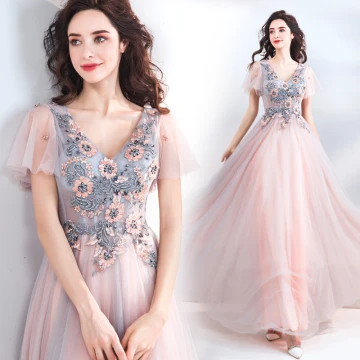 Elegante Parel Roze Avondjurken 2019 A Lijn V Hals Korte Mouwen Appliques Kant Kralen Pailletten Lange Ruche Ruglooze Gelegenheid Jurken