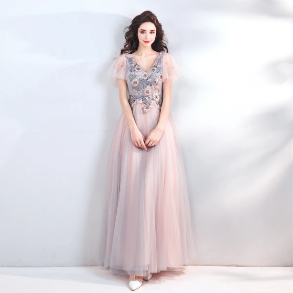 Elegant Pearl Pink Evening Dresses  2019 A-Line / Princess V-Neck Short Sleeve Appliques Lace Beading Sequins Floor-Length / Long Ruffle Backless Formal Dresses