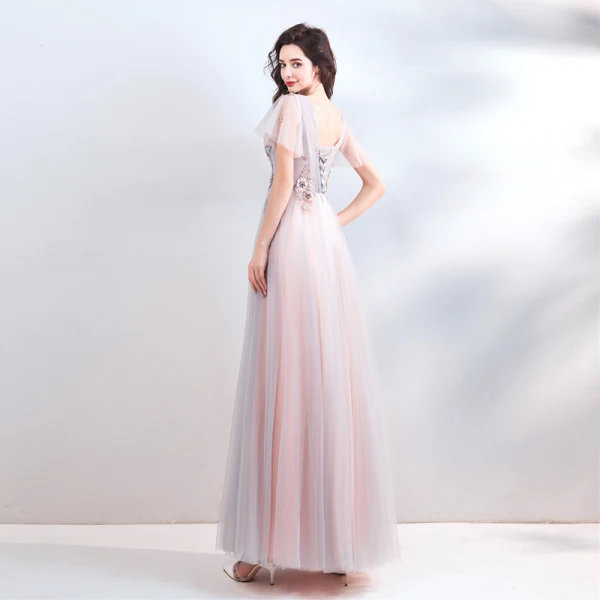 Elegant Pearl Pink Evening Dresses  2019 A-Line / Princess V-Neck Short Sleeve Appliques Lace Beading Sequins Floor-Length / Long Ruffle Backless Formal Dresses