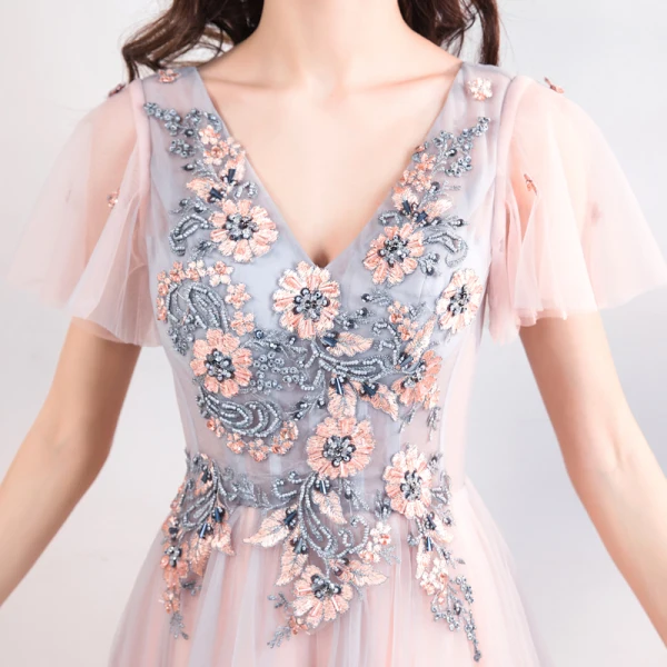 Elegant Pearl Pink Evening Dresses  2019 A-Line / Princess V-Neck Short Sleeve Appliques Lace Beading Sequins Floor-Length / Long Ruffle Backless Formal Dresses
