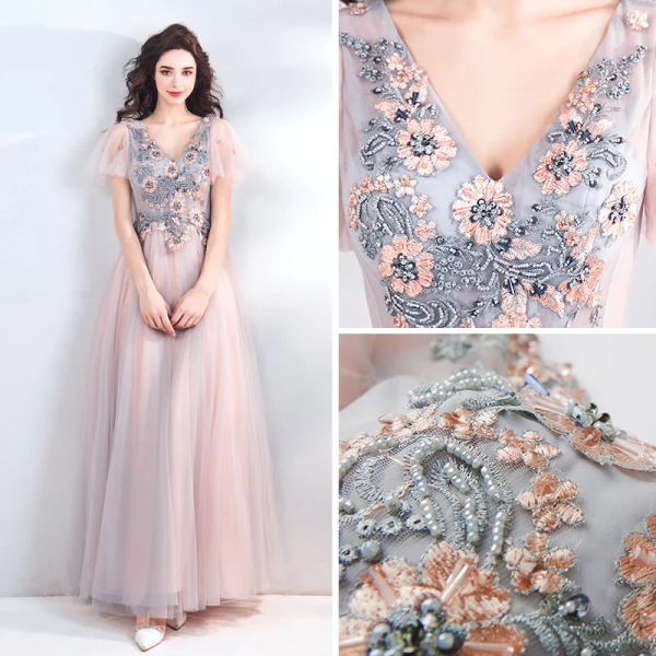 Elegant Pearl Pink Evening Dresses  2019 A-Line / Princess V-Neck Short Sleeve Appliques Lace Beading Sequins Floor-Length / Long Ruffle Backless Formal Dresses