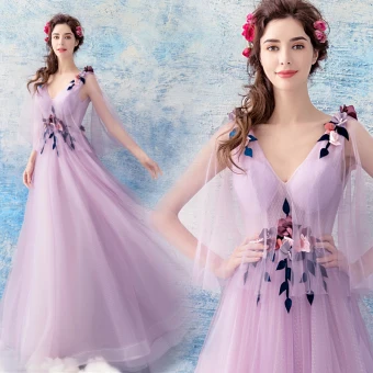 Élégant Lavande Transparentes Robe De Soirée 2019 Princesse V Cou Sans Manches Appliques Fleur Perlage Longue Volants Dos Nu Robe De Ceremonie