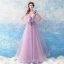 Elegant Lavender See-through Evening Dresses  2019 A-Line / Princess V-Neck Sleeveless Appliques Flower Beading Floor-Length / Long Ruffle Backless Formal Dresses