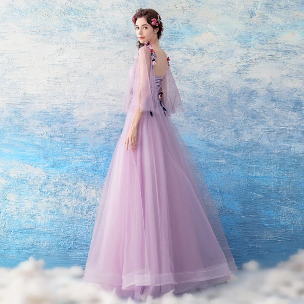 Elegant Lavender See-through Evening Dresses 2019 A-Line / Princess V-Neck Sleeveless Appliques Flower Beading Floor-Length / Long Ruffle Backless Formal Dresses