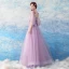 Elegant Lavender See-through Evening Dresses  2019 A-Line / Princess V-Neck Sleeveless Appliques Flower Beading Floor-Length / Long Ruffle Backless Formal Dresses