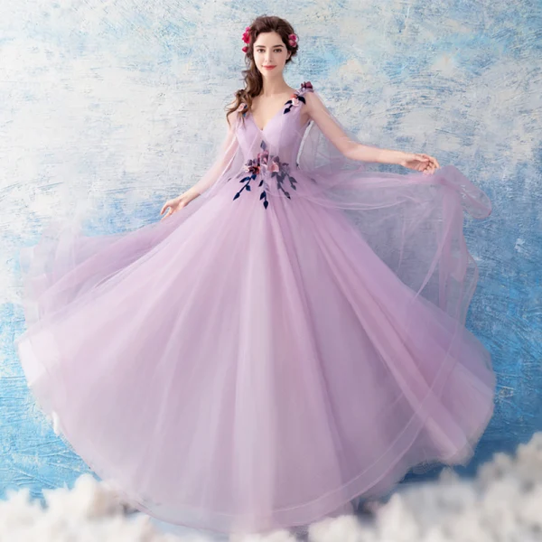 Elegant Lavender See-through Evening Dresses 2019 A-Line / Princess V-Neck Sleeveless Appliques Flower Beading Floor-Length / Long Ruffle Backless Formal Dresses