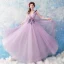 Elegant Lavender See-through Evening Dresses  2019 A-Line / Princess V-Neck Sleeveless Appliques Flower Beading Floor-Length / Long Ruffle Backless Formal Dresses