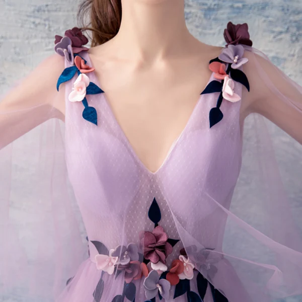 Elegant Lavender See-through Evening Dresses 2019 A-Line / Princess V-Neck Sleeveless Appliques Flower Beading Floor-Length / Long Ruffle Backless Formal Dresses
